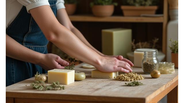 2010年創業時の小さなアトリエ風景、手作りの石鹸が並ぶ