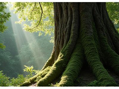 森の中に立つ木々や苔むした切り株