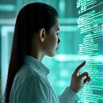 バイオテクノロジストが最新のDNAシーケンシング装置の前でデータ解析を行っている。近未来的な研究室の雰囲気。技術革新とデータドリブンなアプローチを象徴するポートレート。