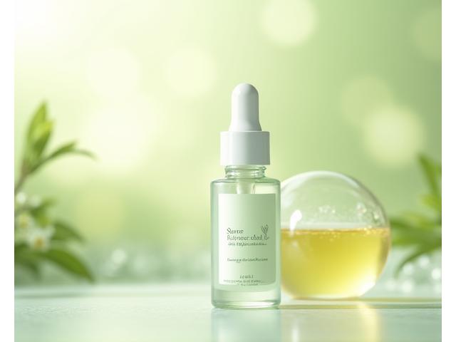 透明感のあるボトルに入った高級感のあるナチュラルスキンケア製品のクローズアップ