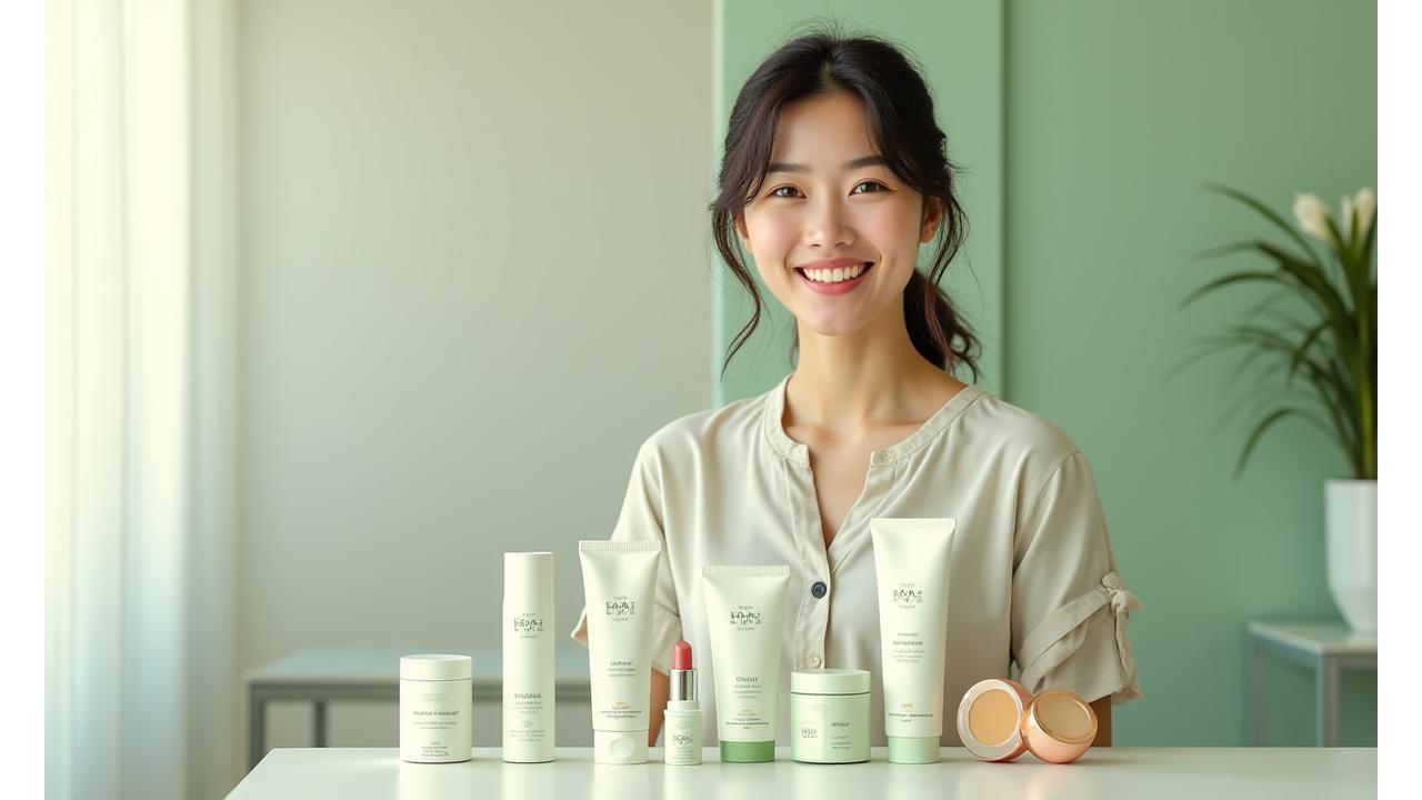 成功した独立ブランドの製品が並べられた美しいショーケース、手前には自信に満ちた笑顔の女性起業家が立っているイメージ