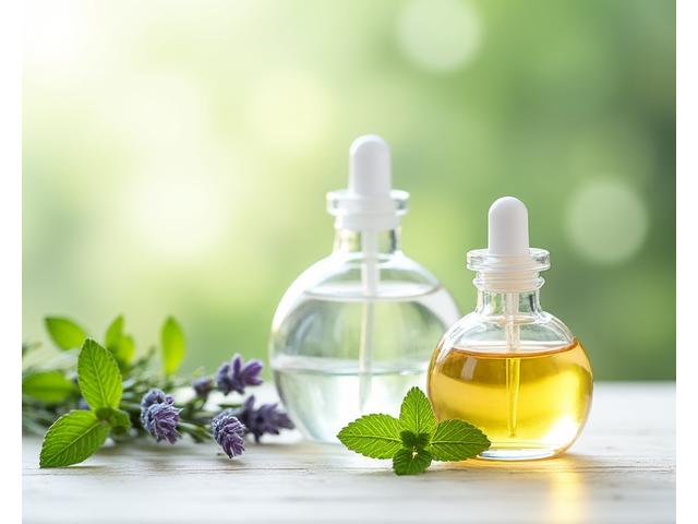 自然化粧品の容器と新鮮なハーブ。初心者向け基礎コースを象徴する清潔感のあるイメージ