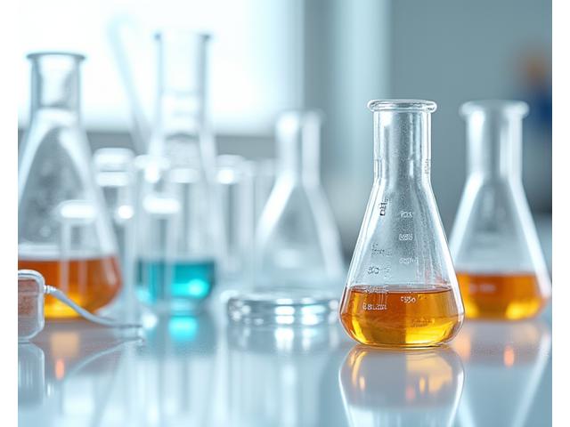 ラボで使用されるビーカーや試験管が並び、美容液作りの実験風景を思わせる画像